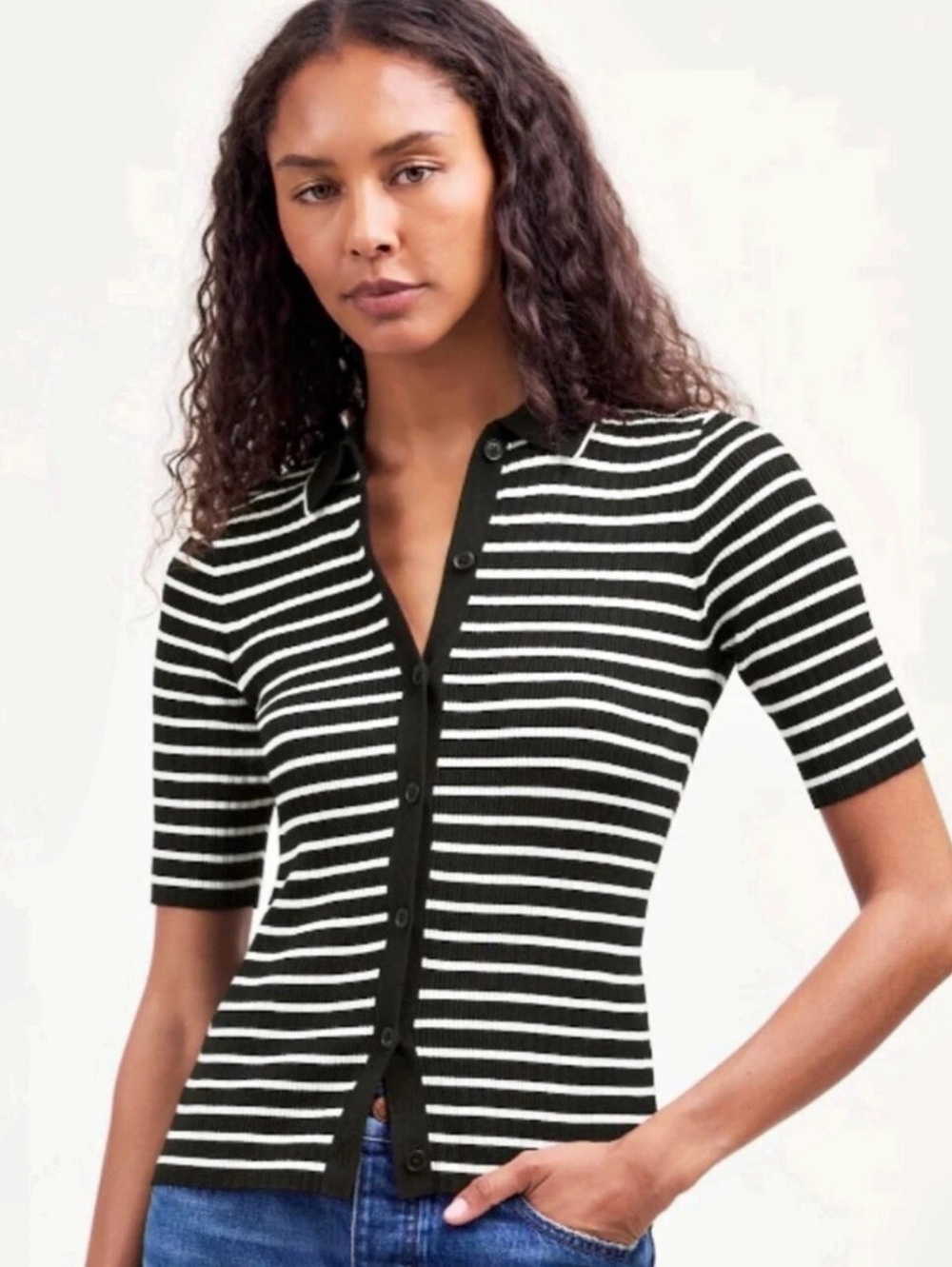 Madewell Signature Knit Sweater Polo Tee Striped Black & White XS